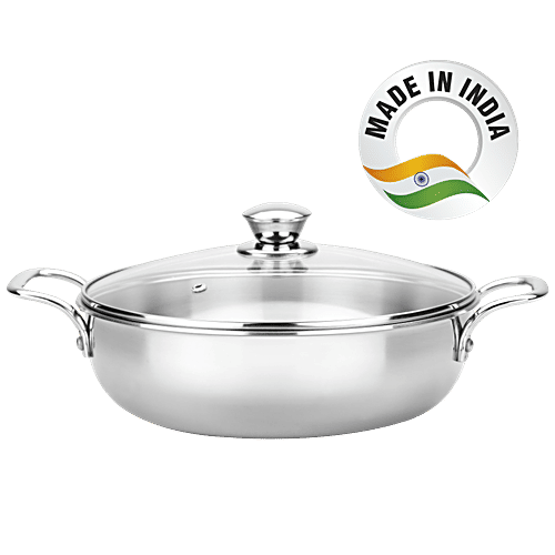 Butterfly Royale Tri-Ply Stainless Steel Kadai - 3 Layer, Induction Bottom, 24 cm, Glass Lid, With Handle, 2 l  