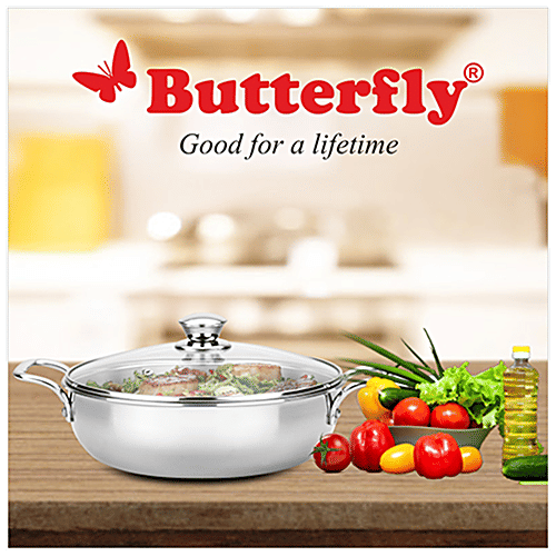 Butterfly Royale Tri-Ply Stainless Steel Kadai - 3 Layer, Induction Bottom, 24 cm, Glass Lid, With Handle, 2 l  
