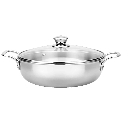 Butterfly Royale Tri-Ply Stainless Steel Kadai - 3 Layer, Induction Bottom, 24 cm, Glass Lid, With Handle, 2 l  