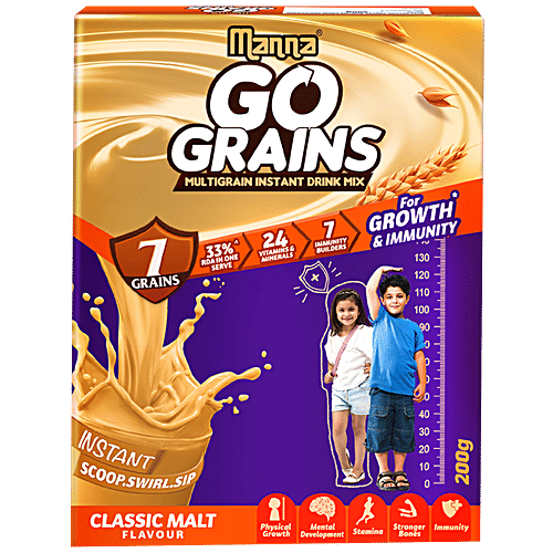 Manna Go Grains Multigrain Instant Drink Mix - For Growth & Immunity, Classic Malt Flavour, 200 g