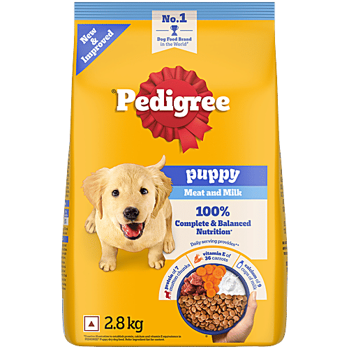 Pedigree Puppy Dry Dog Food, Meat & Milk, 100% Complete & Balanced Food, 2.8 Kg Vision & Brain Development, Complete & Balanced Diet, Vitamin E, Calcium & Protein