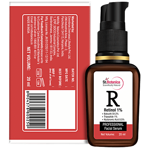 StBotanica Retinol 1% Face Serum + Bakuchi Oil 2% + Tripeptide 1% + Hyaluronic Acid 0.5% - For Wrinkles & Fine Lines, Collagen Boosting, 20 ml  