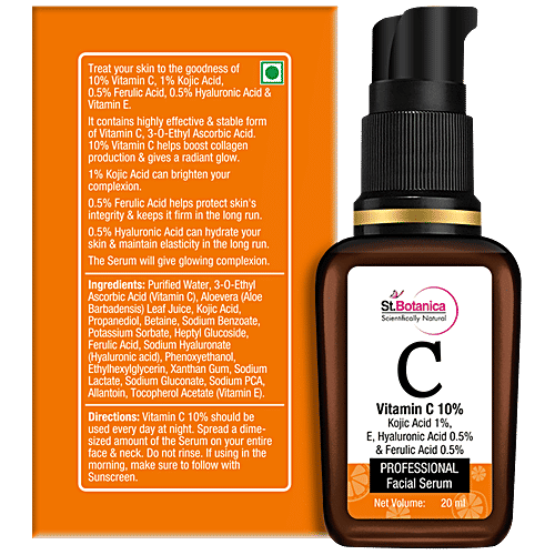 StBotanica Vitamin C 10% Face Serum - With Vitamin E & Hyaluronic Acid 0.5% + Kojic Acid 1% + Ferulic Acid 0.5%, For Boosting Natural Glow With Stable Vitamin C, 20 ml