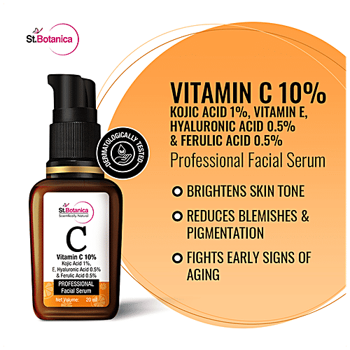 StBotanica Vitamin C 10% Face Serum - With Vitamin E & Hyaluronic Acid 0.5% + Kojic Acid 1% + Ferulic Acid 0.5%, For Boosting Natural Glow With Stable Vitamin C, 20 ml
