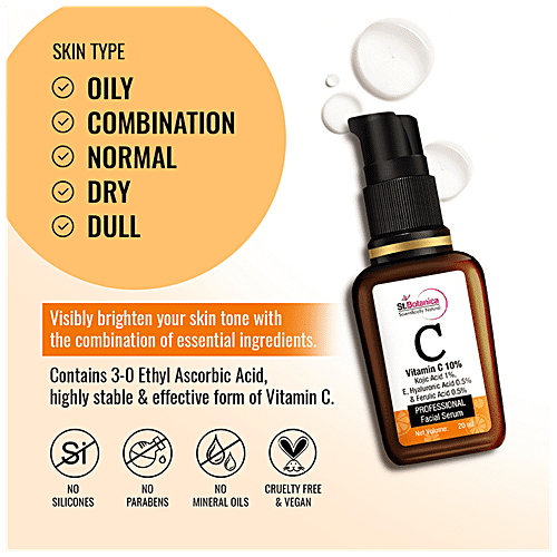 StBotanica Vitamin C 10% Face Serum - With Vitamin E & Hyaluronic Acid 0.5% + Kojic Acid 1% + Ferulic Acid 0.5%, For Boosting Natural Glow With Stable Vitamin C, 20 ml