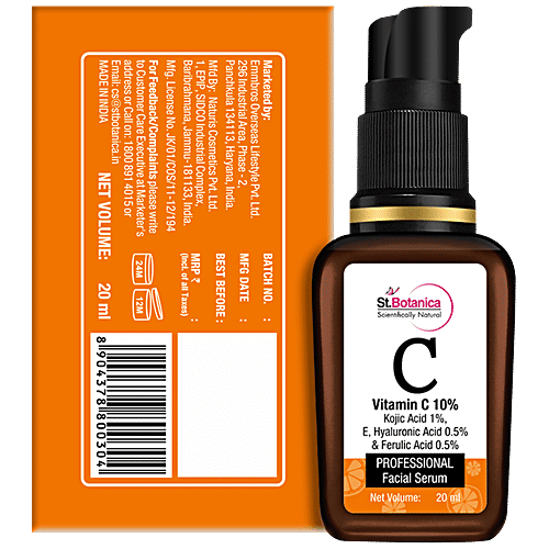 StBotanica Vitamin C 10% Face Serum - With Vitamin E & Hyaluronic Acid 0.5% + Kojic Acid 1% + Ferulic Acid 0.5%, For Boosting Natural Glow With Stable Vitamin C, 20 ml