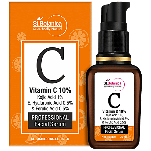 StBotanica Vitamin C 10% Face Serum - With Vitamin E & Hyaluronic Acid 0.5% + Kojic Acid 1% + Ferulic Acid 0.5%, For Boosting Natural Glow With Stable Vitamin C, 20 ml