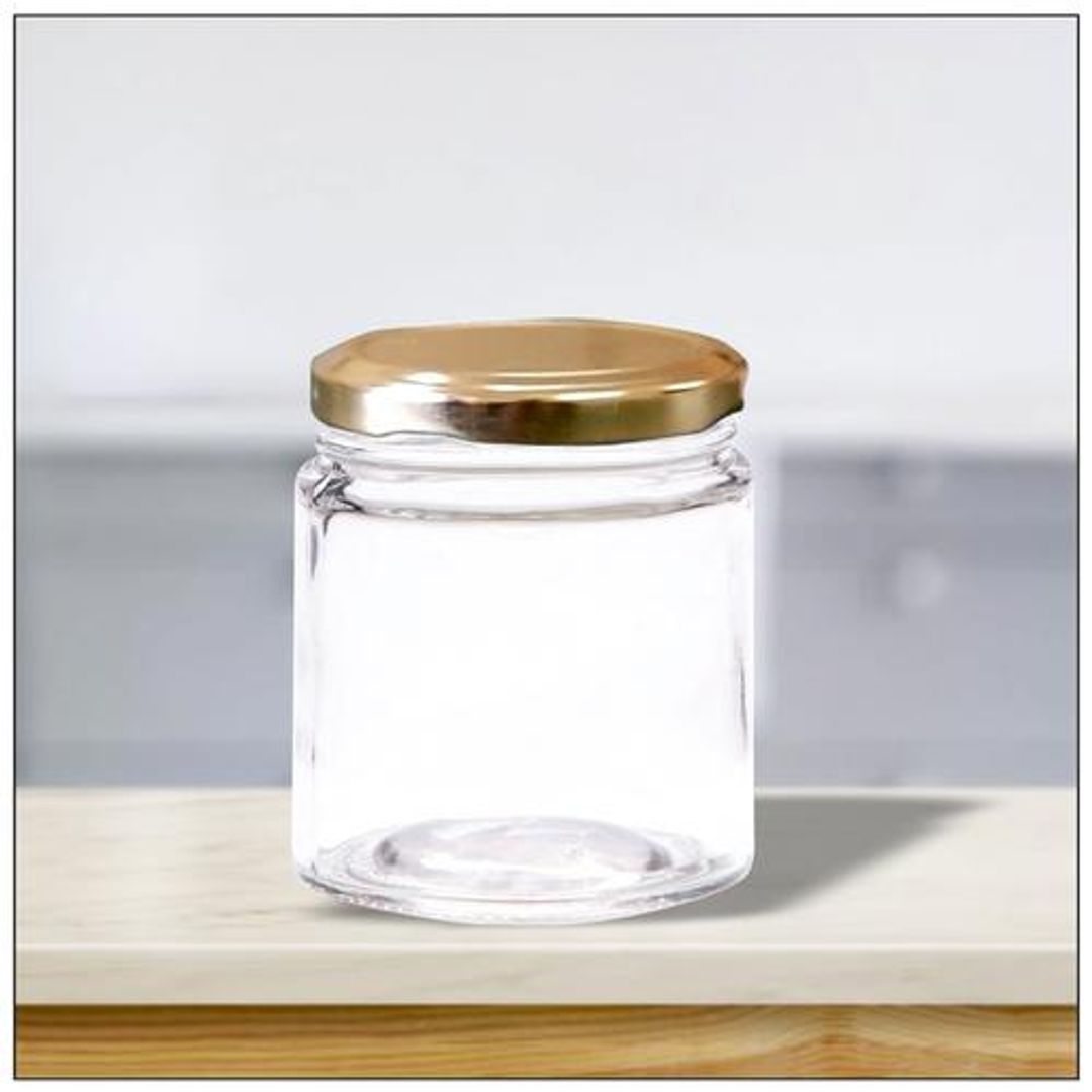 Yera Glass Jar/Container With Golden Metal Lid - Dishwasher Safe, Used For Storage, 200 ml (Set of 6)