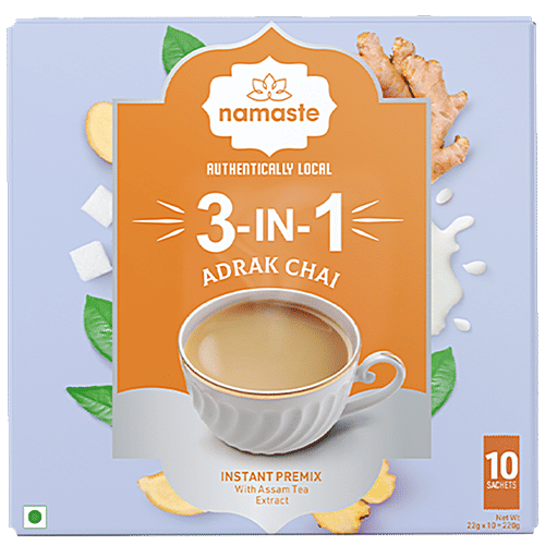 Namaste Chai 3-In-1 Instant Tea Premix - Adrak Chai, Assam Tea, Ready Mix, Authentically Local, 220 g (10 Sachets x 22 g each) 