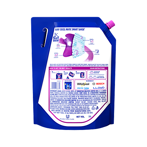 Surf Excel Matic Front Load Liquid Detergent, 3 L Removes Tough Dried Strains