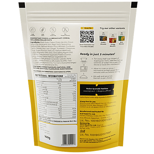 Kapiva Supergrain Oats - Homestyle Masala With 3 Ayurvedic Herbs & 4 Whole Grains, 160 g