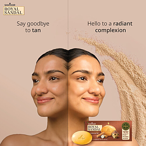 Santoor Royal Sandal Bathing Soap, 125 g (Pack of 6) (Get Free Face Pack & Serum) Enriched with 100% Sandalwood Oil, 3-Step Natural Detan