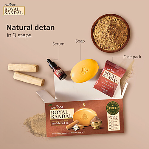 Santoor Royal Sandal Bathing Soap, 125 g (Pack of 6) (Get Free Face Pack & Serum) Enriched with 100% Sandalwood Oil, 3-Step Natural Detan