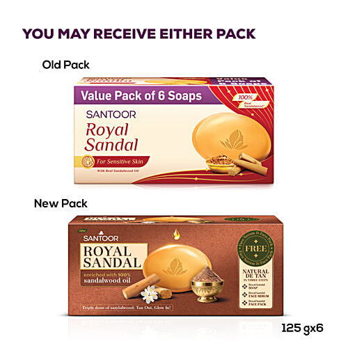 Santoor Royal Sandal Bathing Soap, 125 g (Pack of 6) (Get Free Face Pack & Serum) Enriched with 100% Sandalwood Oil, 3-Step Natural Detan