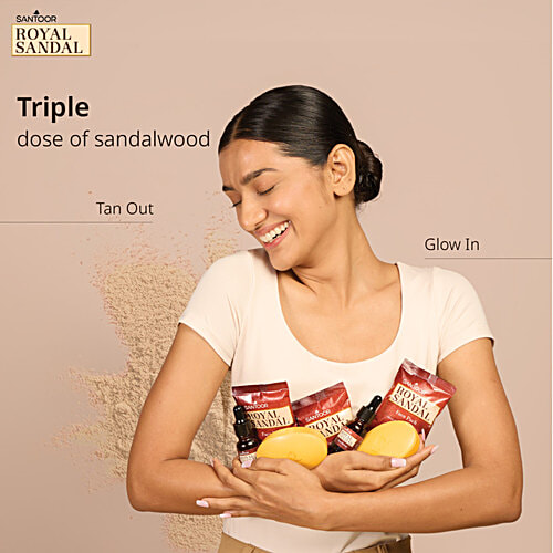 Santoor Royal Sandal Bathing Soap, 125 g (Pack of 6) (Get Free Face Pack & Serum) Enriched with 100% Sandalwood Oil, 3-Step Natural Detan