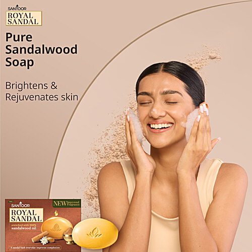 Santoor Royal Sandal Bathing Soap, 125 g (Pack of 6) (Get Free Face Pack & Serum) Enriched with 100% Sandalwood Oil, 3-Step Natural Detan