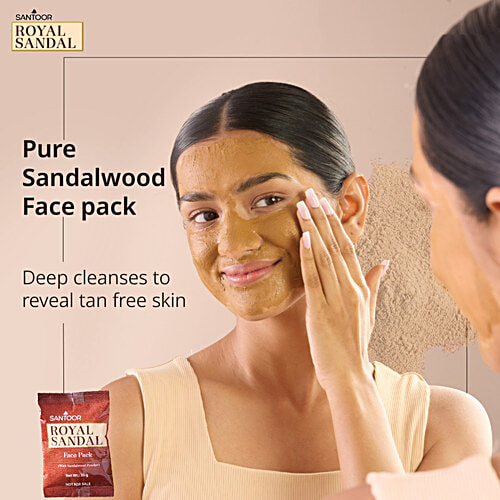 Santoor Royal Sandal Bathing Soap, 125 g (Pack of 6) (Get Free Face Pack & Serum) Enriched with 100% Sandalwood Oil, 3-Step Natural Detan