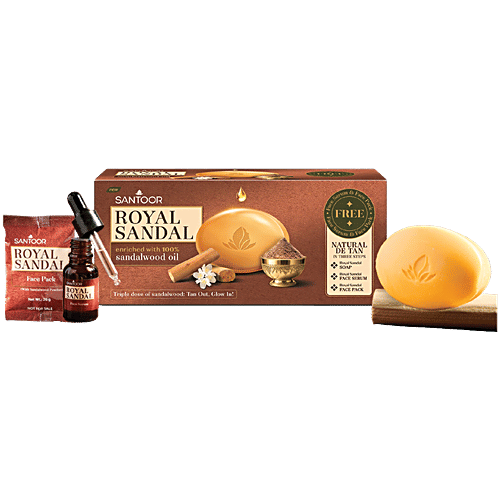 Santoor Royal Sandal Bathing Soap, 125 g (Pack of 6) (Get Free Face Pack & Serum) Enriched with 100% Sandalwood Oil, 3-Step Natural Detan