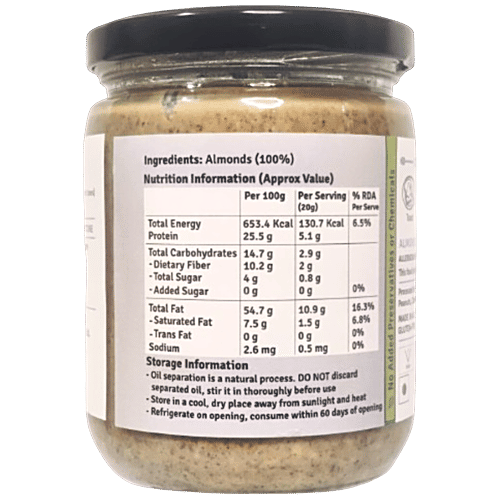 Jus Amazin Almond Butter - Crunchy, Unsweetened - 25.5% Protein, Almonds, No Additives, 500 g  
