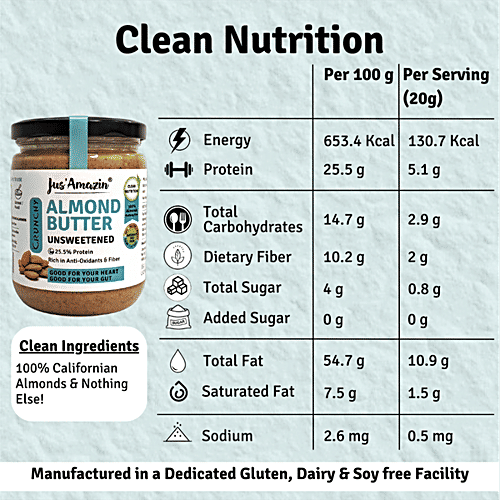 Jus Amazin Almond Butter - Crunchy, Unsweetened - 25.5% Protein, Almonds, No Additives, 500 g  