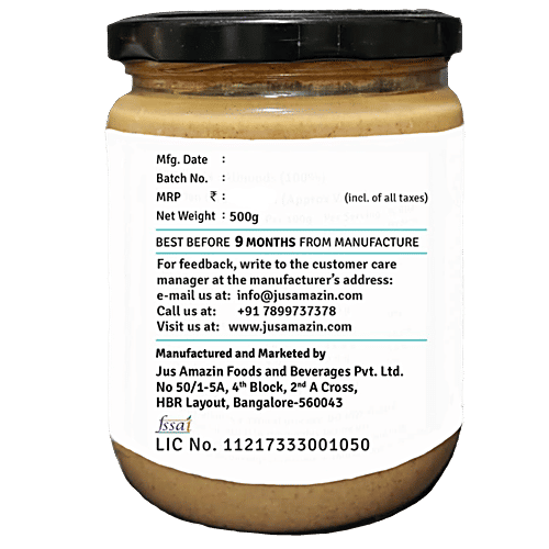Jus Amazin Almond Butter - Crunchy, Unsweetened - 25.5% Protein, Almonds, No Additives, 500 g  