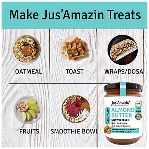 Jus Amazin Almond Butter - Crunchy, Unsweetened - 25.5% Protein, Almonds, No Additives, 500 g  