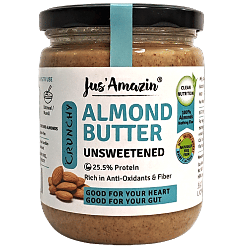 Jus Amazin Almond Butter - Crunchy, Unsweetened - 25.5% Protein, Almonds, No Additives, 500 g  