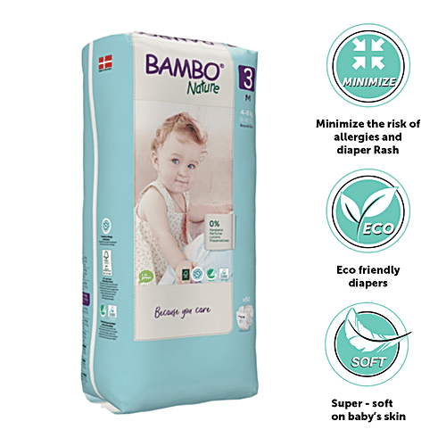 Bambo Nature Diapers - With Wetness Indicator, Size 3, M, Breathable, Eco Friendly, 52 pcs