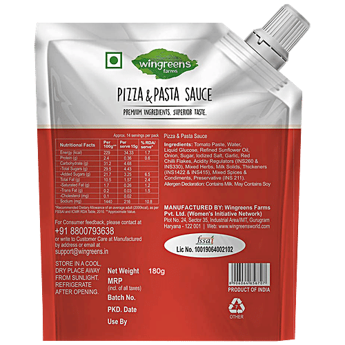 Wingreens Farms Pizza & Pasta Sauce, 180 g  