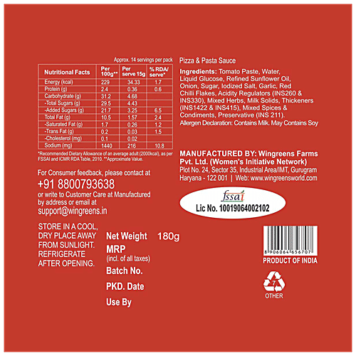 Wingreens Farms Pizza & Pasta Sauce, 180 g  