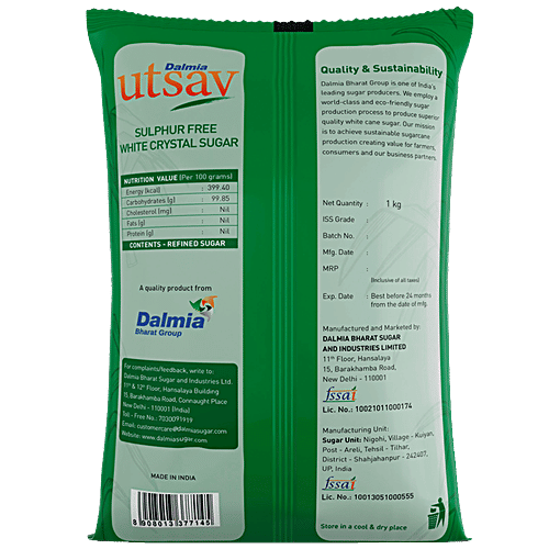 Dalmia Utsav White Crystal Sugar - Sulphur Free, High Quality, 1 kg  