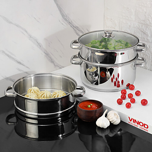 Vinod Stainless Steel Steamer Set - Induction Base, 25 cm, 3 mm, with Lid, Backlite Handle, 1 pc  