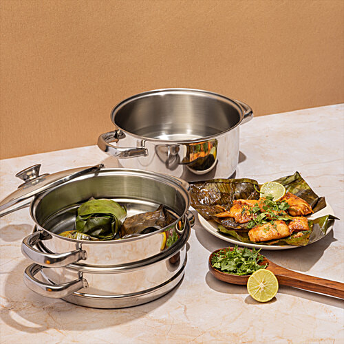 Vinod Stainless Steel Steamer Set - Induction Base, 25 cm, 3 mm, with Lid, Backlite Handle, 1 pc  