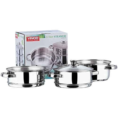 Vinod Stainless Steel Steamer Set - Induction Base, 25 cm, 3 mm, with Lid, Backlite Handle, 1 pc  