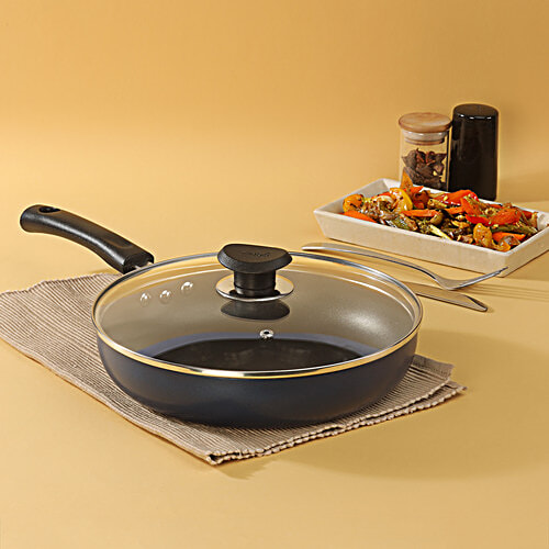 Vinod Aluminium Fry Pan - Non Stick Coated, 43.5 cm, 3 mm, with Lid, Backlite Handle, 1 pc  