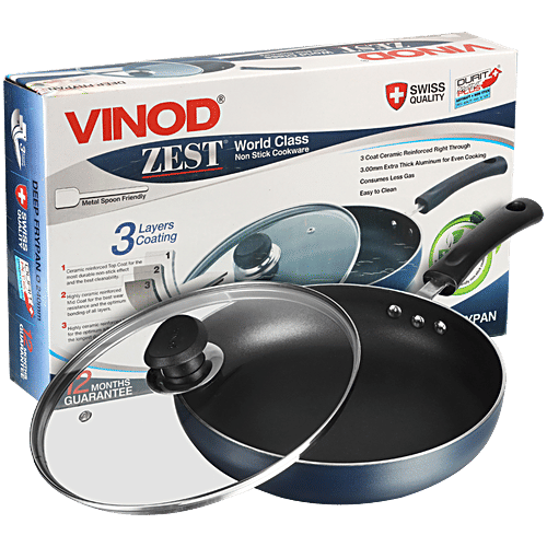 Vinod Aluminium Fry Pan - Non Stick Coated, 43.5 cm, 3 mm, with Lid, Backlite Handle, 1 pc  