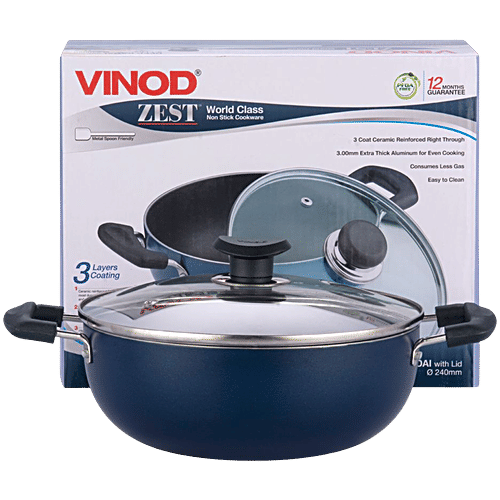 Buy Vinod Zest NonStick Aluminium Kadai With Glass Lid, 18 cm, 3 mm