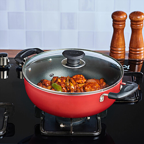 Vinod Zest Non-Stick Aluminium Deep Kadai - Induction Base, With Glass Lid, 24 cm, 3 mm, 3.1 l