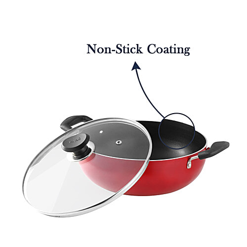 Vinod Zest Non-Stick Aluminium Deep Kadai - Induction Base, With Glass Lid, 24 cm, 3 mm, 3.1 l