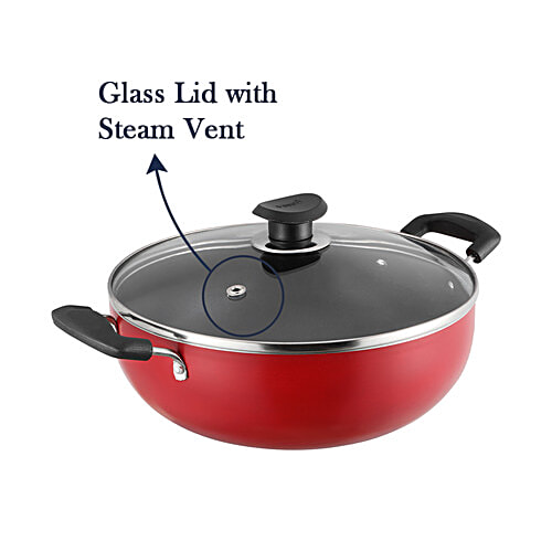 Vinod Zest Non-Stick Aluminium Deep Kadai - Induction Base, With Glass Lid, 24 cm, 3 mm, 3.1 l