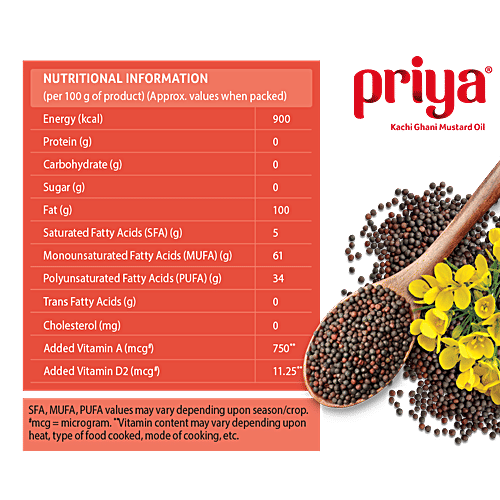 Priya Kachi Ghani Mustard Oil - With Vitamin A & D, Great In Taste & Aroma, 1 L  