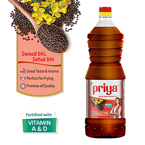 Priya Kachi Ghani Mustard Oil - With Vitamin A & D, Great In Taste & Aroma, 1 L  