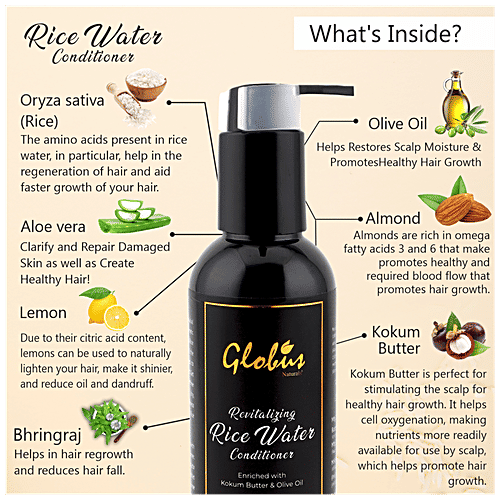 Globus Naturals Rice Water Conditioner - Revitalizing, With Kokum Butter & Olive Oil, Organic, Paraben Free, 250 ml