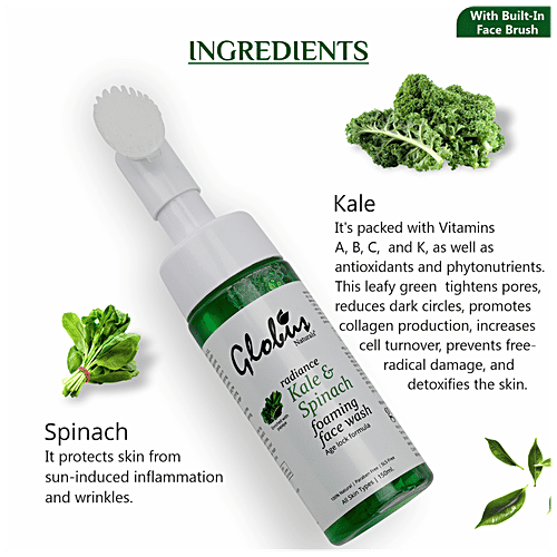Globus Naturals Kale & Spinach Anti-Aging  Foaming Face Wash With Silicon Face Massage Brush - No Parabens, No Sulphate, 150 ml  