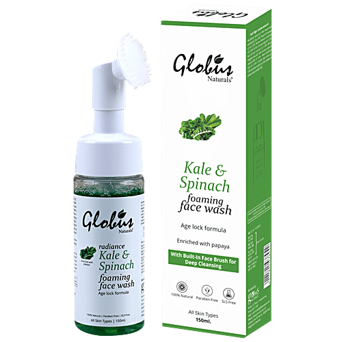 Globus Naturals Kale & Spinach Anti-Aging  Foaming Face Wash With Silicon Face Massage Brush - No Parabens, No Sulphate, 150 ml  