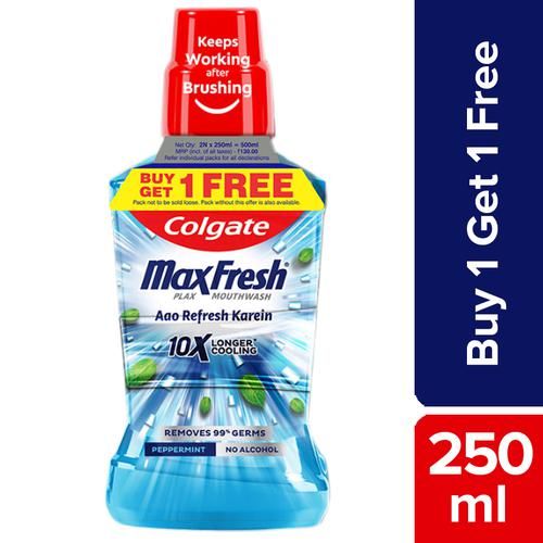 Colgate Maxfresh Plax Antibacterial Mouthwash - 24/7 Fresh Breath, Peppermint, 250 ml (Buy 1 Get 1 Free) 