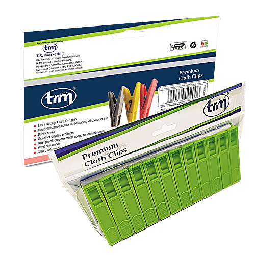 Trm Premium Plastic Hanging Cloth Drying Clips - 2mm, Green, 12 pcs  