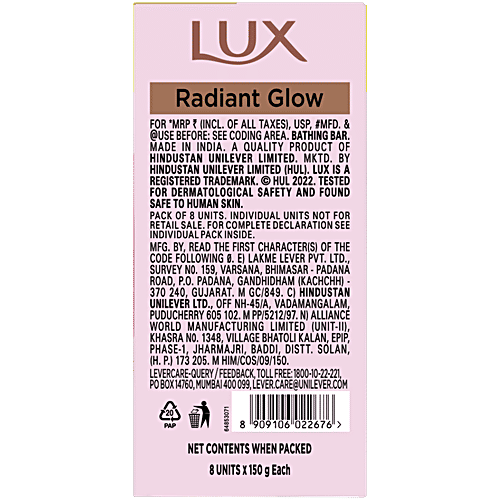 Lux Radiant Glow Rose Bathing Soap, 150 g (Pack of 8) Infused With Vitamin C & E For Superior Glow