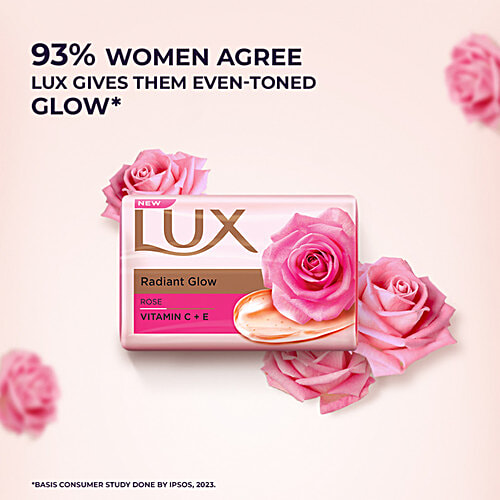 Lux Radiant Glow Rose Bathing Soap, 150 g (Pack of 8) Infused With Vitamin C & E For Superior Glow