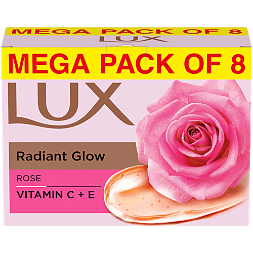 Lux Radiant Glow Rose Bathing Soap, 150 g (Pack of 8) Infused With Vitamin C & E For Superior Glow